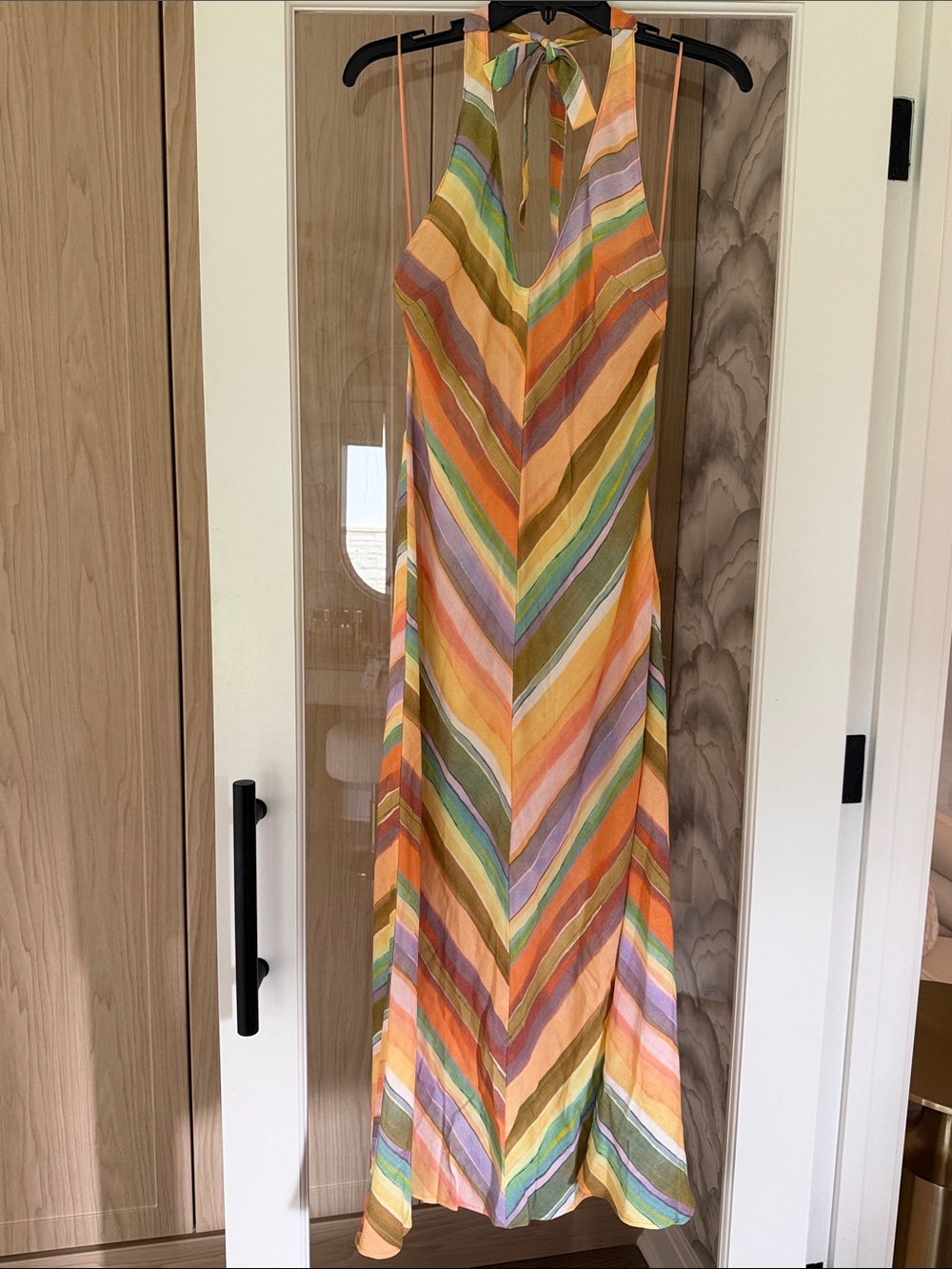 Zara NWT Multicolor Striped Halter Maxi Dress in Orange, Green & Pink